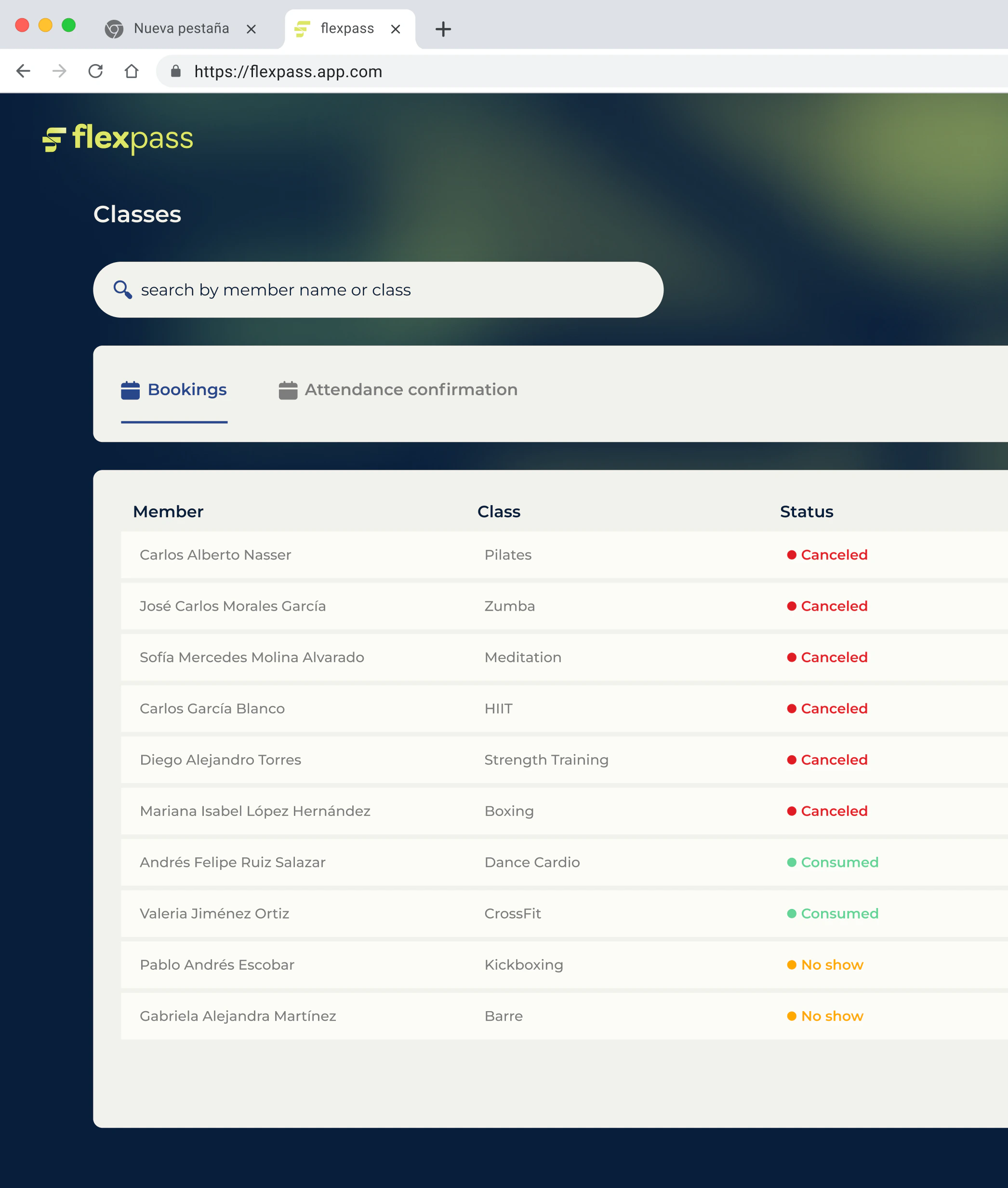 Panel del portal de estudios flexpass con la lista de reservas de clases